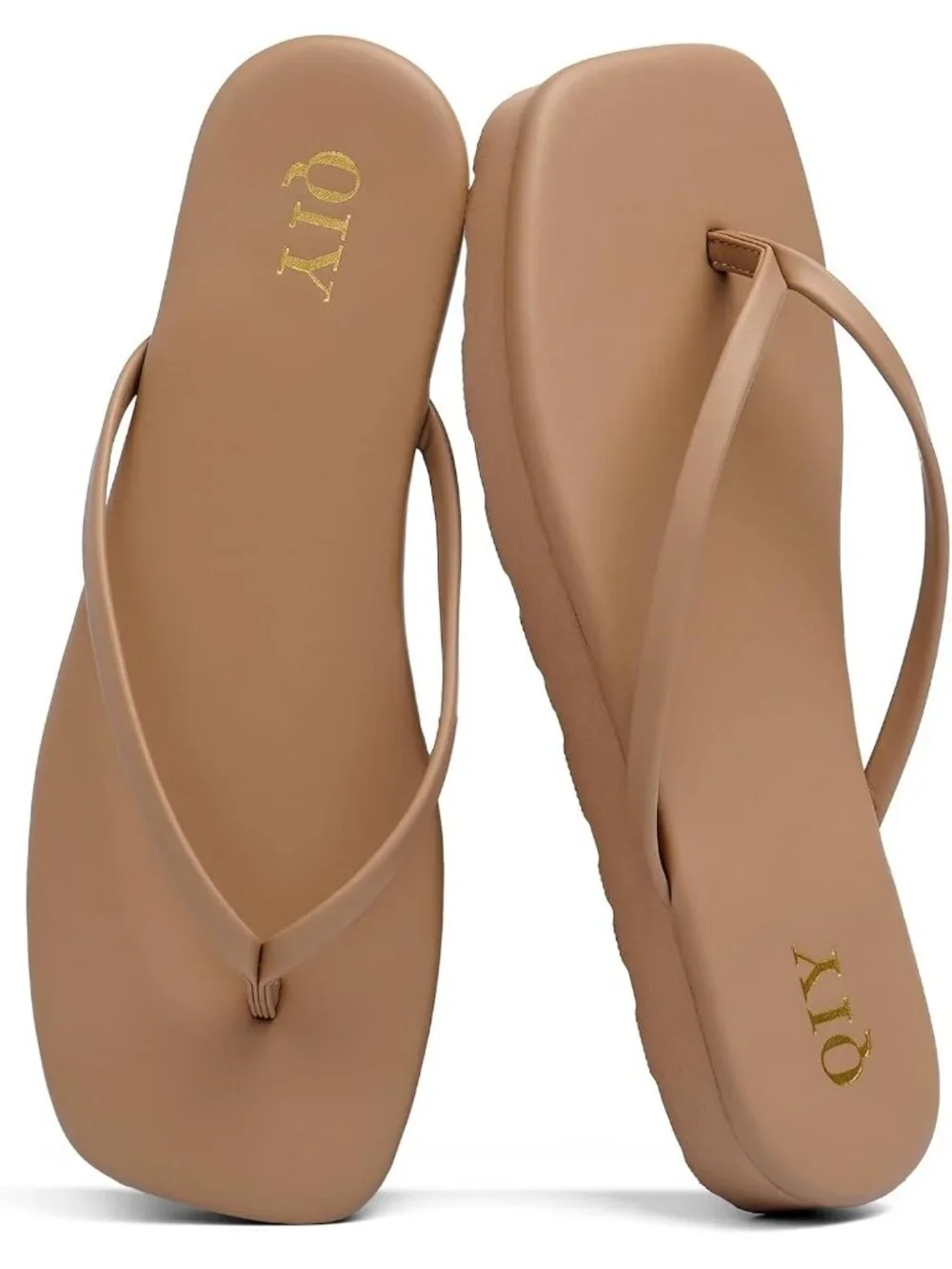 Women's Tan Faux Leather Comfortable Square Toe Memory Foam Insole Thong Sandals